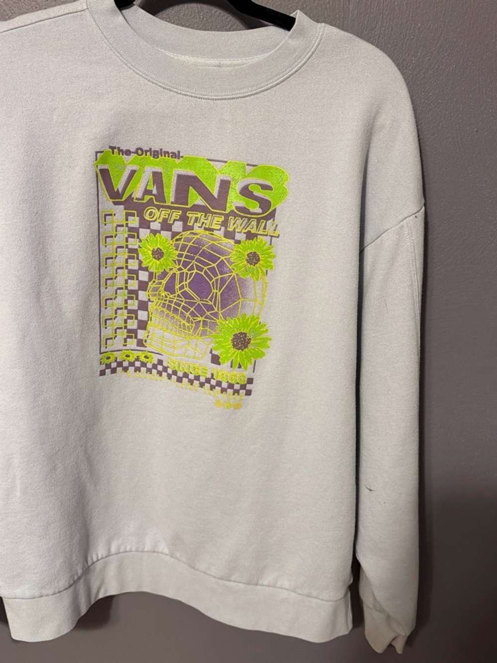 Vans Light Gray Crewneck with Neon Green and Purple Skull Graphic